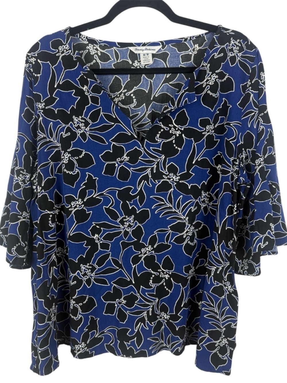 Tommy Bahama Blue & Black Floral Bell Sleeve Notched Neck Blouse - Medium